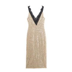 Romantic Lace Trim Sequin Dresses For Backless V Neck Sleeveless Party Sexy Dresses