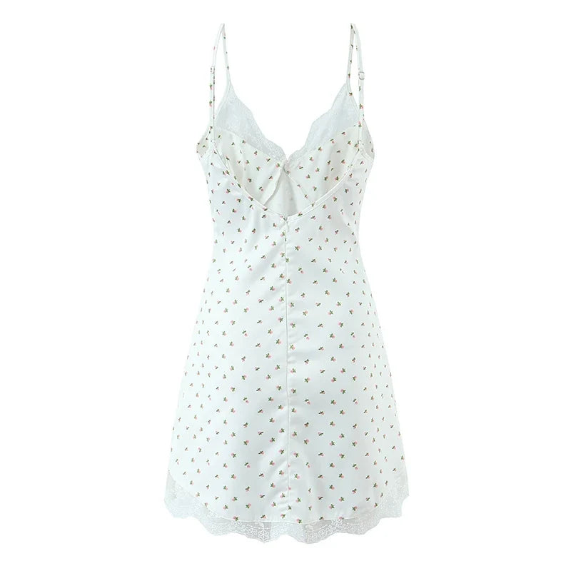 Romantic Girls Lace Trim Floral Print Satin Sling Mini Dresses