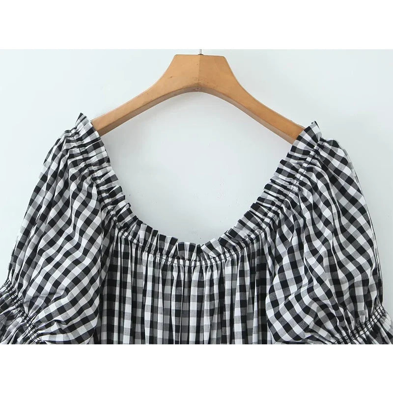 French Style Vintage Puff Sleeve Plaid Dresses