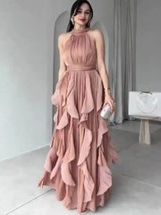 Elegant Waist-Cinching Ruffle Hem Long Sleeveless Dresses
