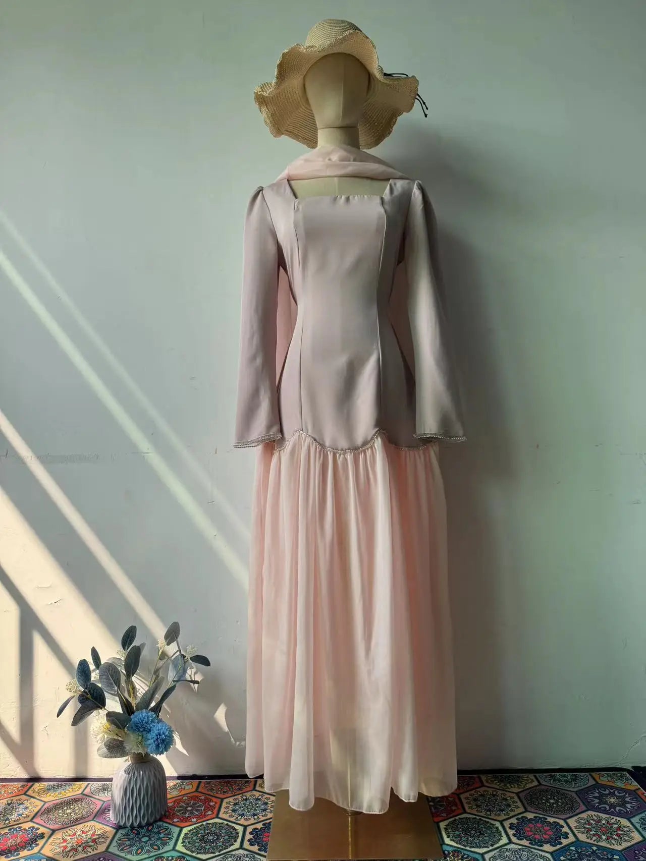 Autumn Square Collar Handmade Diamond Ribbon Long Sleeve Slimming Dresses