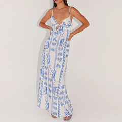 Blue Print V Neck Suspenders Summer Dresses