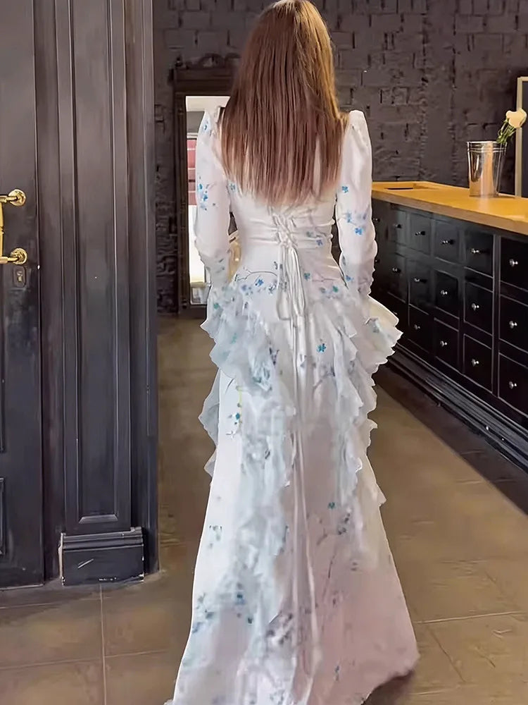 Temperament Print High Neck Flared Sleeve Waist Slimming Dresses