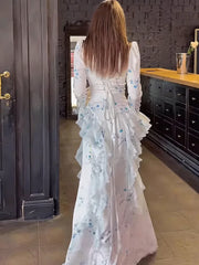Temperament Print High Neck Flared Sleeve Waist Slimming Dresses