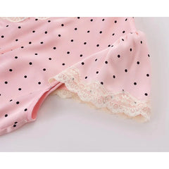 Pink Dot Print Elegant Long Dresses Lace Trim V Neck Short Sleeve A-line Summer Dresses