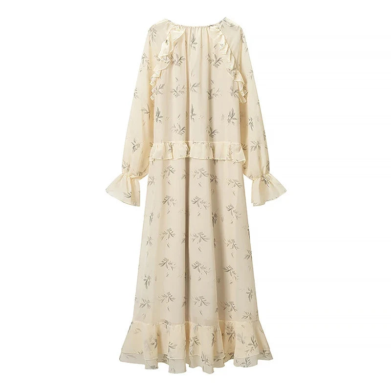 Floral Print Ruffle Trim Long Sleeve Maxi Dresses