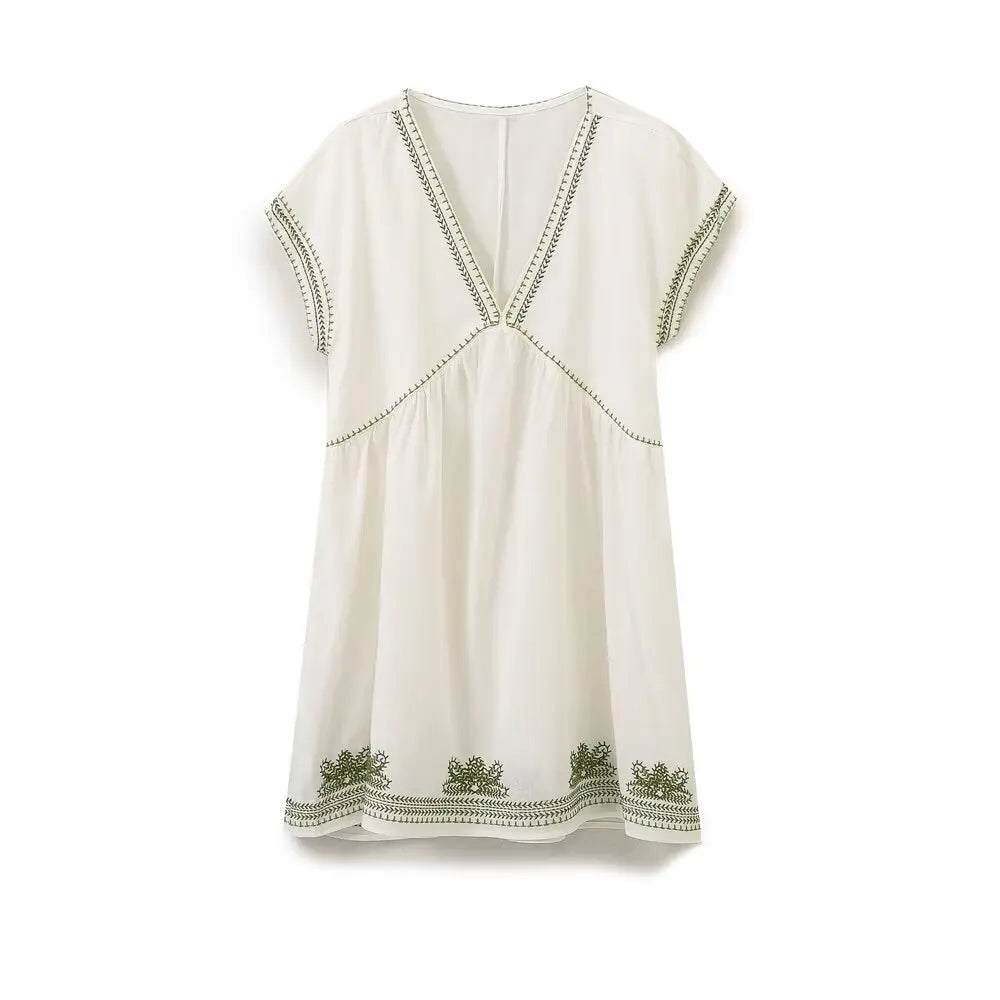 Summer V Neck Casual Loose Floral Embroidered Short Dresses