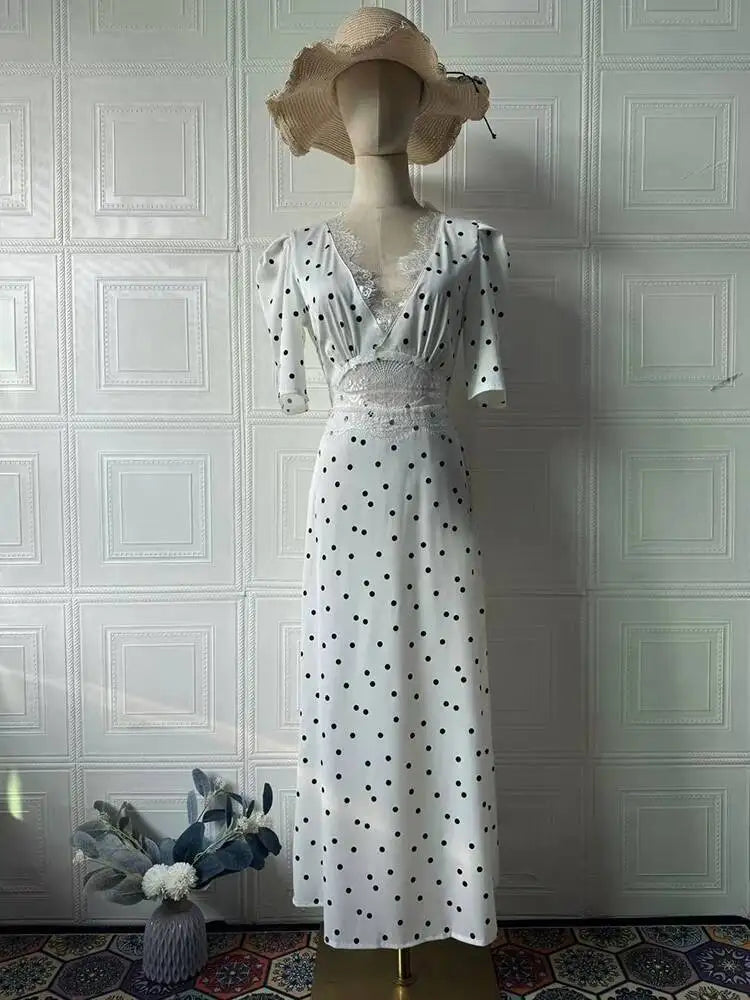 Retro Polka Dot V-neck Bubble Sleeve Hollow Waist Dresses