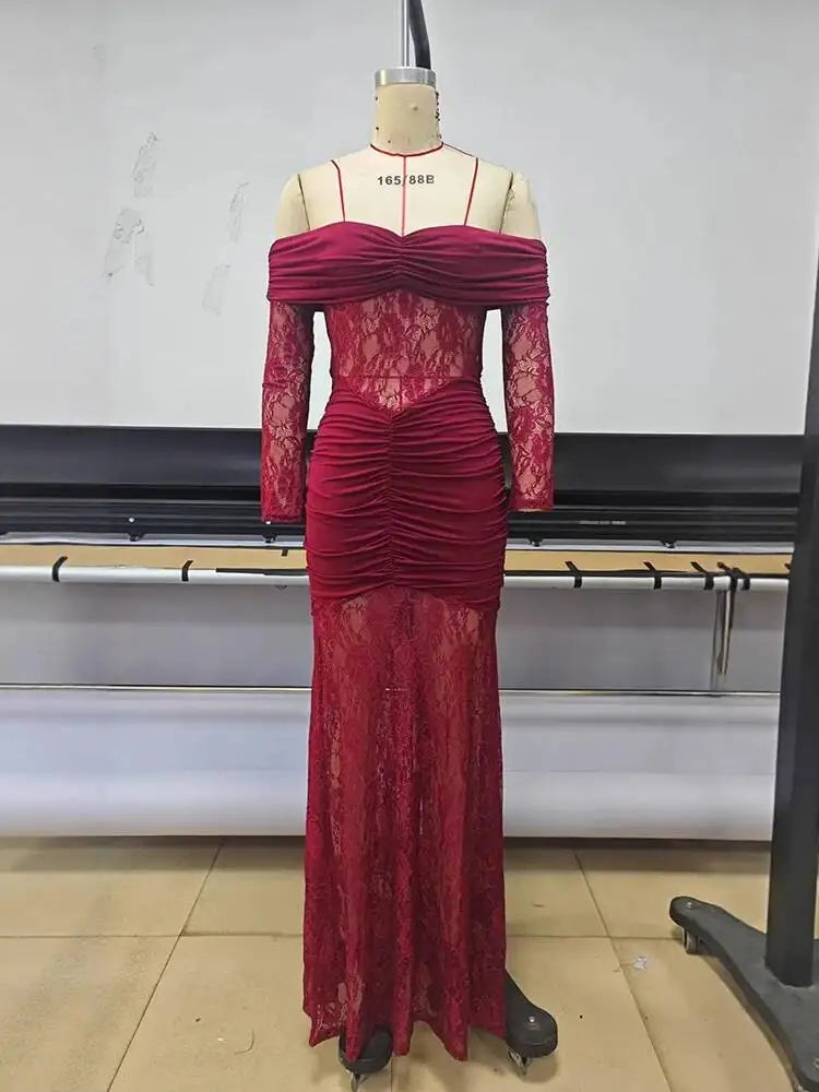 Fashionable Slash Neck Long Sleeved Hollow Lace Patchwork Hip Hugging Dresses