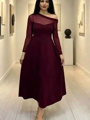 Elegant Diagonal Collar Long Sleeved Mesh Patchwork Dresses