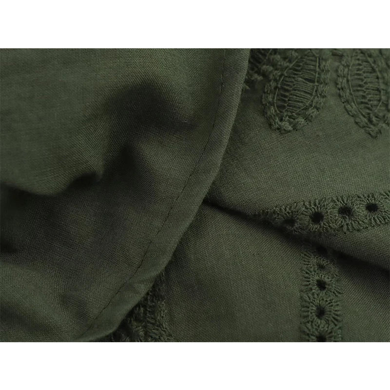 Summer Hollow Out Embroidery Midi Dresses Round Neck Wide Straps A-line Holiday Casual Dresses