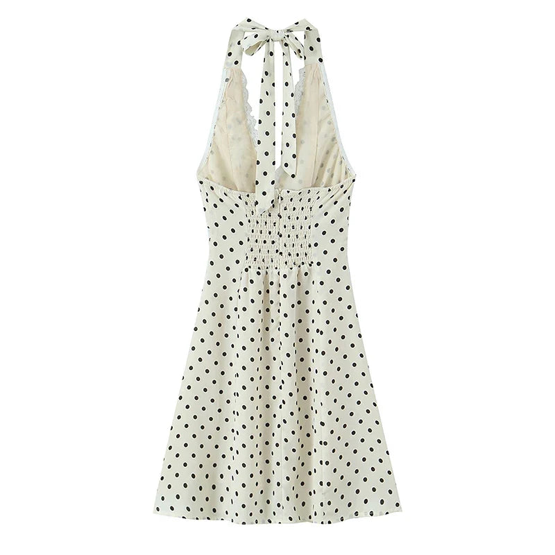 Sexy Backless Halter Mini Polka Dot Dresses Lace Trim High Waist A-line Slim Casual Summer Beach Party Dress