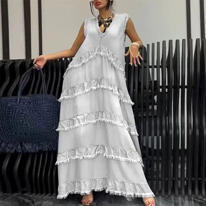 Solid Color V-neck Frayed Edge Patchwork Denim Dresses