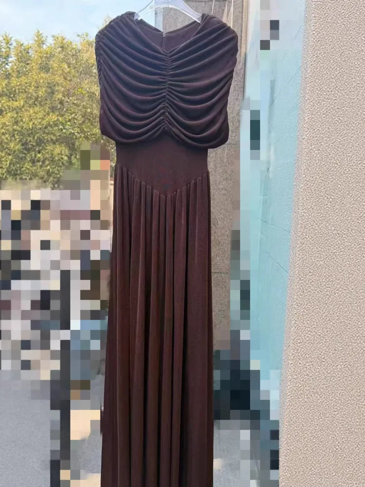 Socialite Style Floor Length V Neck Wrinkles Boat Neck Solid Color Knitting Fitted Dresses Model