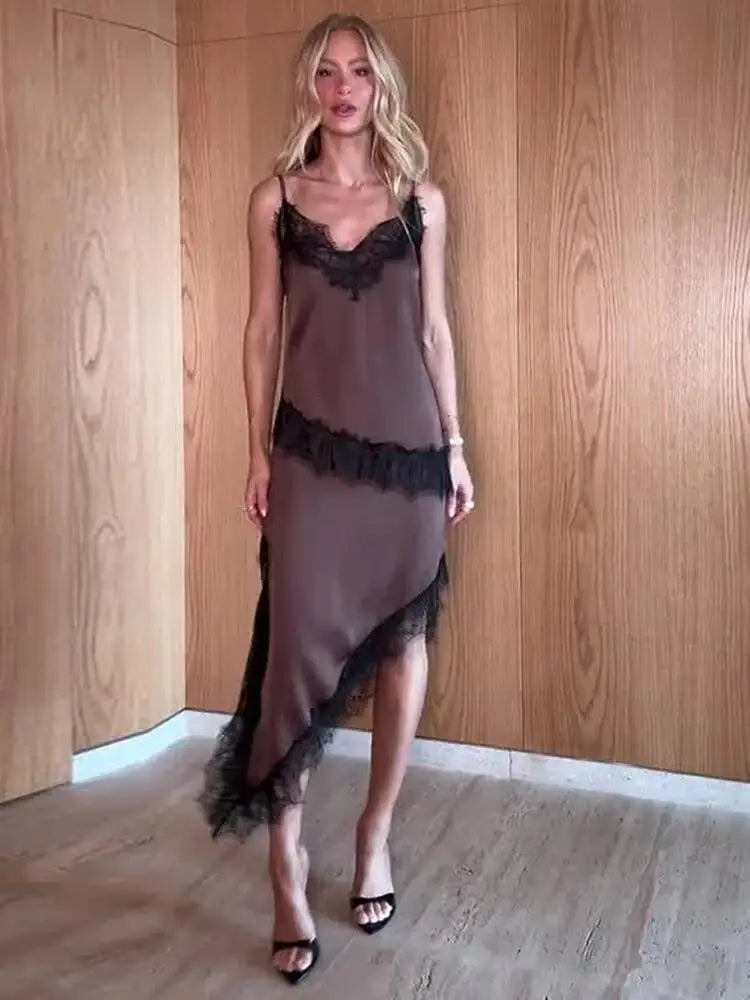 Simple Casual V-neck Sleeveless Lace Patchwork Dresses
