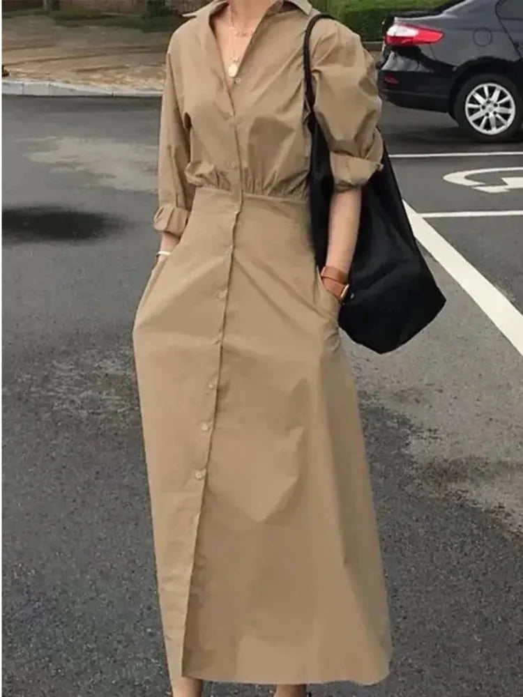 Retro Street Lapel Long Sleeve Shirts Dresses Autumn Slimming Waist Maxi Dresses 19DB2620