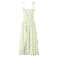 Yellow Print Sling Midi Summer Dresses Sexy O Neck Hem Slits A-line Chiffon Dresses