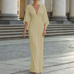 Ladies Sexy Hollow Host Dresses Deep V Batwing Sleeve Commuter Long Dresses