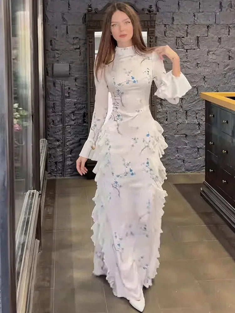 Temperament Print High Neck Flared Sleeve Waist Slimming Dresses