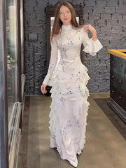 Temperament Print High Neck Flared Sleeve Waist Slimming Dresses