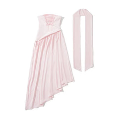 Elegant Pink White Party Evening Strapless Dresses With Scarf Pleated Asymmetric Hem Lace Up Vacation Wedding Dress