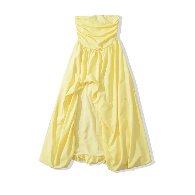 Black Yellow Hem Sexy High Slit Strapless Dresses