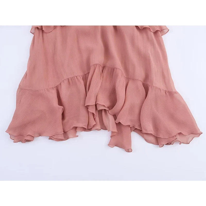 French Style Lace Up O Neck Flared Sleeve Ruffle Dresses
