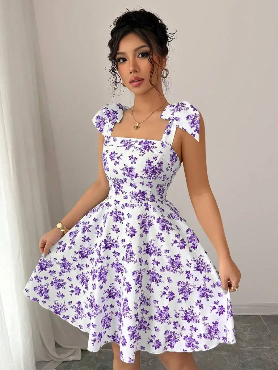 Ditsy Floral Shoulder Tie Bow Waisted A-Line Dresses