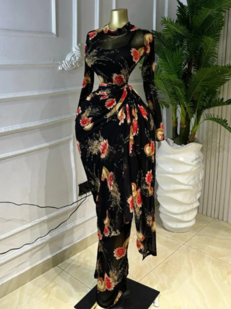 Print O-neck Ruched Ribbon Bodycon Long Maxi Dresses