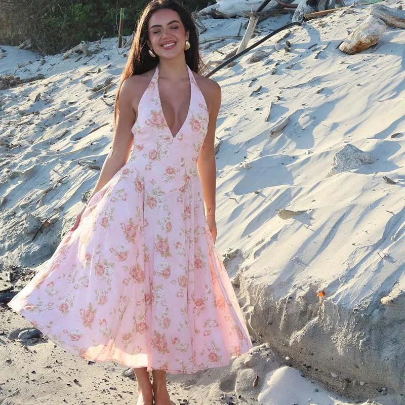Sexy Backless Floral Print Halter Holiday Dresses