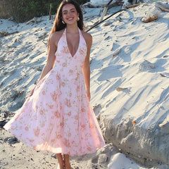 Sexy Backless Floral Print Halter Holiday Dresses