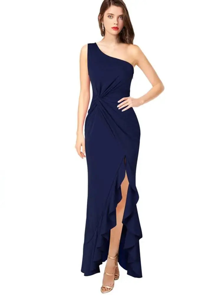 Temperament Slant Neck Sleeveless Ruffle Edge Slit Dresses