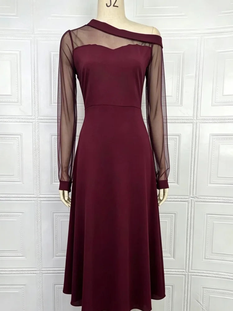 Elegant Diagonal Collar Long Sleeved Mesh Patchwork Dresses