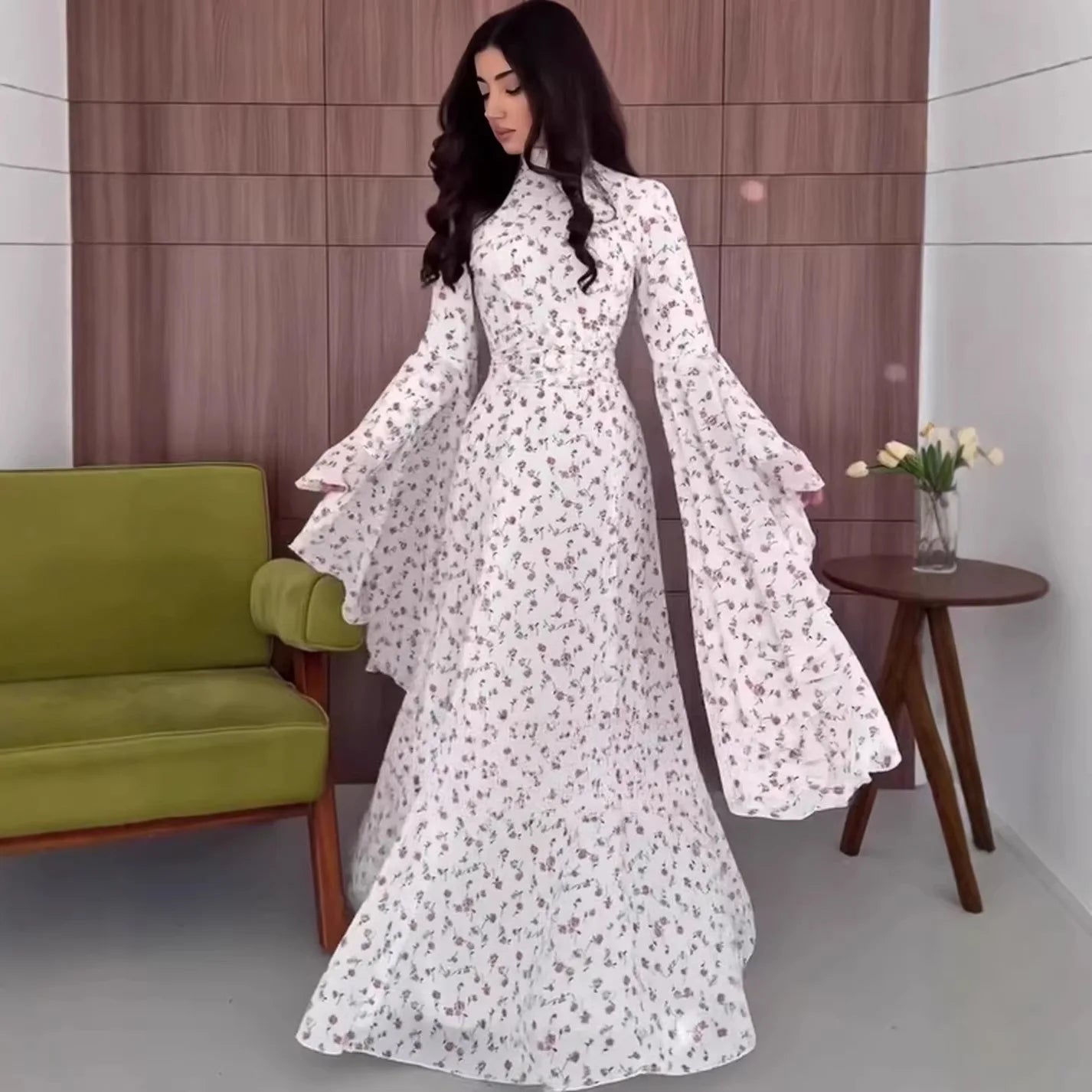Summer Turtleneck Long Flare Sleeves Printing Elegant Waist-Cinching Formal Dresses
