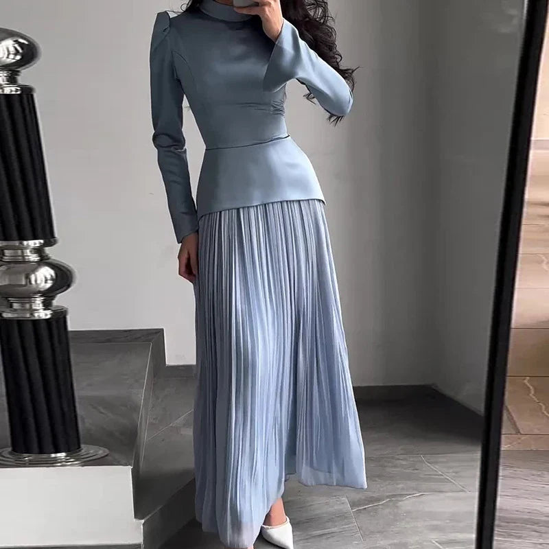 Patchwork Pleated Maxi Dresses