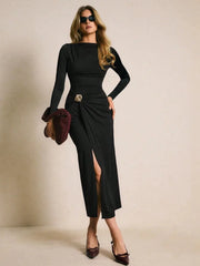 Retro Round Neck Long Sleeved Metal Buckle Waist Side Slit Dresses