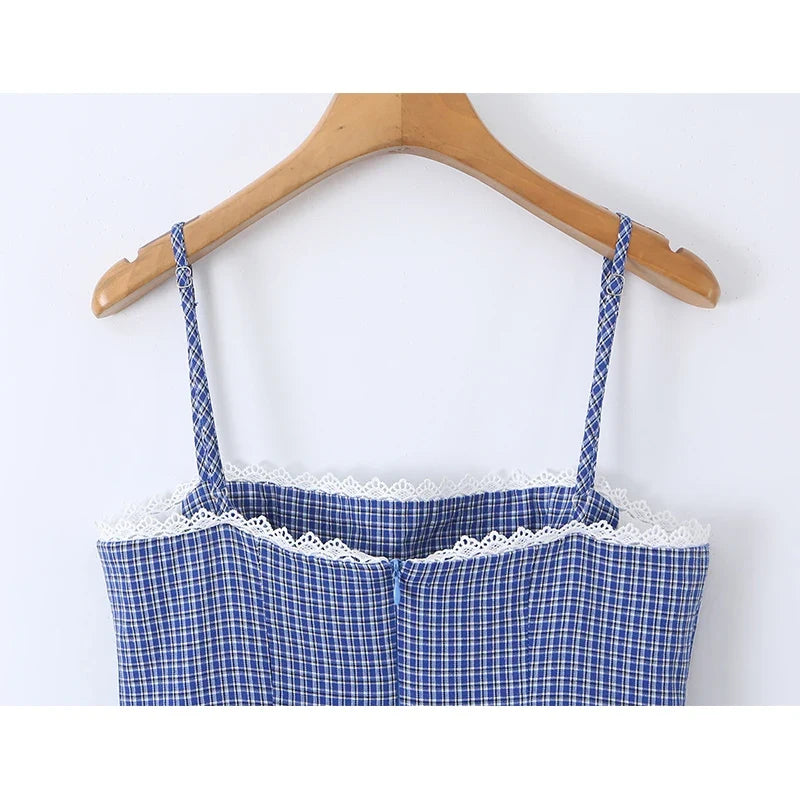 Sexy Cute Girls Blue Plaid Tiered Lace Trim Mini Dresses