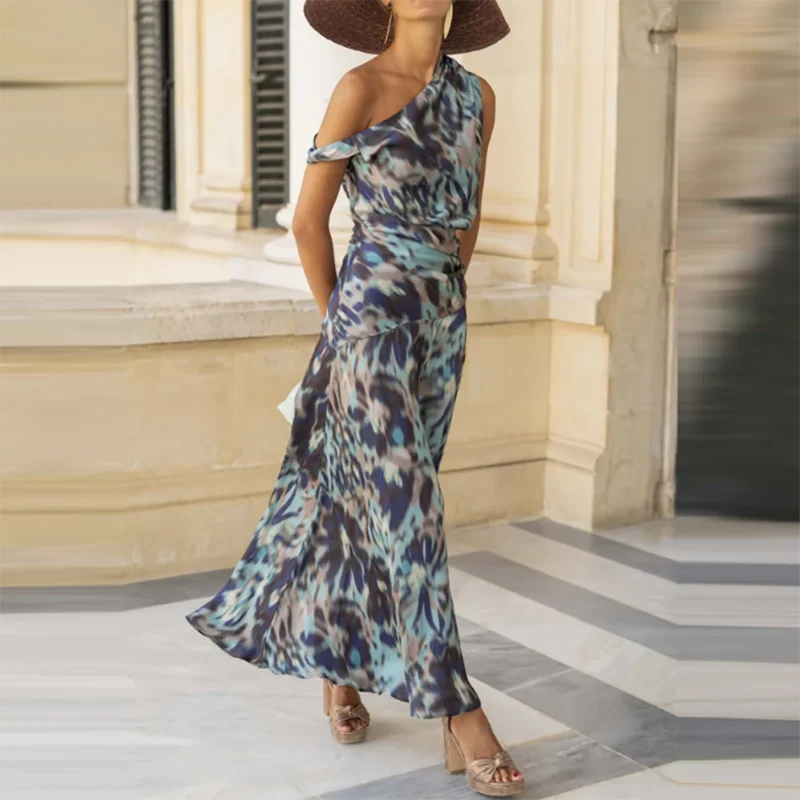 Ladies Sexy Slanted Neck Sleeveless Holiday Dresses