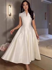 Temperament Stand Collar Short Sleeved Pleated Waist Mid Length Dresses