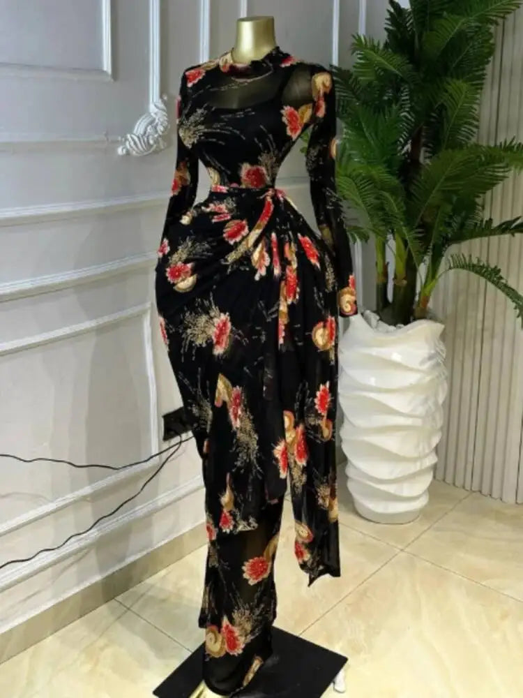 Print O-neck Ruched Ribbon Bodycon Long Maxi Dresses