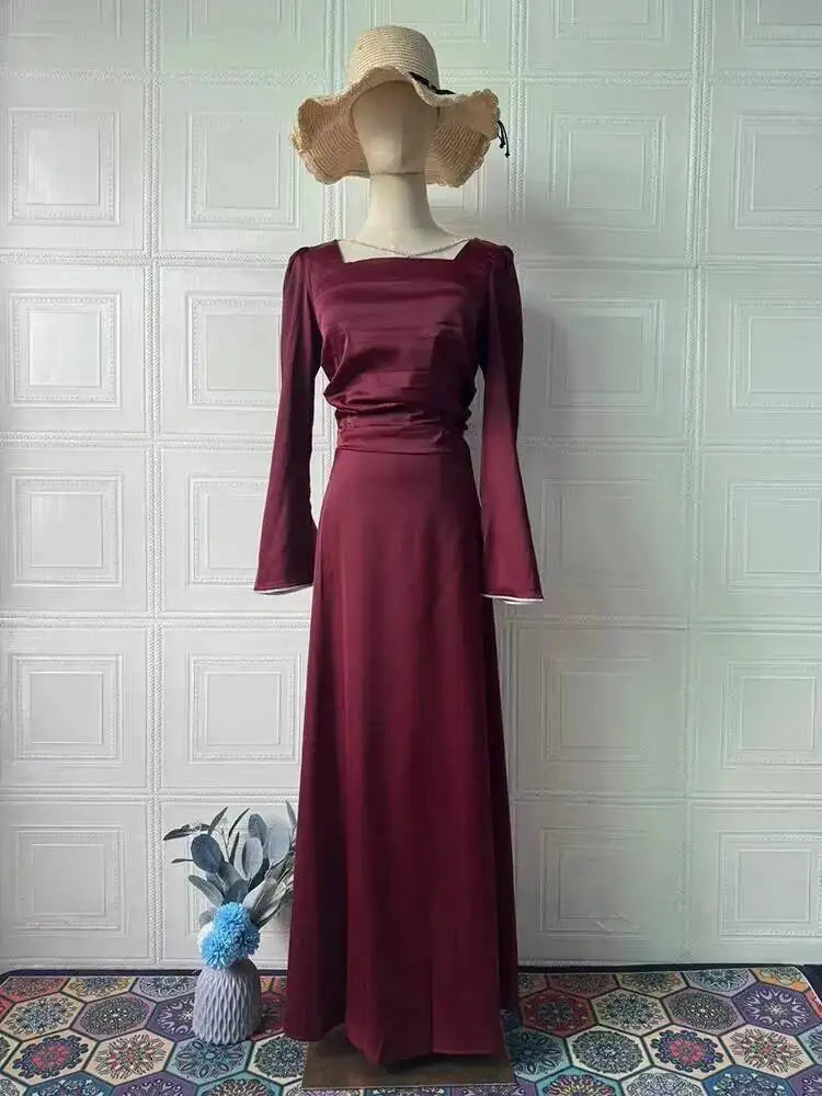 Elegant Square Collar Long Sleeved Bandage Waist Studded Diamond Dresses