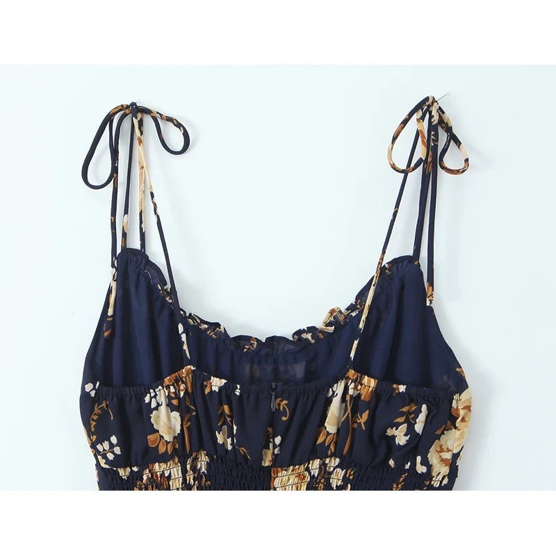 French Vacation-style Floral Print Slim Fit Sling Dresses