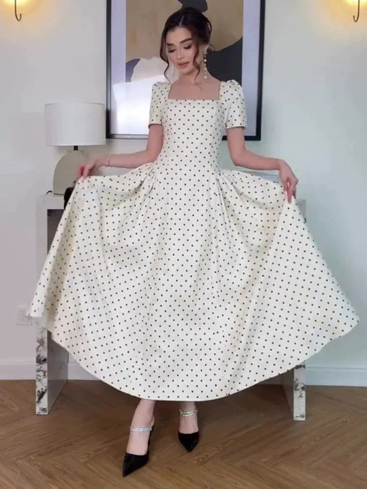 Autumn Retro Polka Dot Square Neck Short Sleeved Dresses