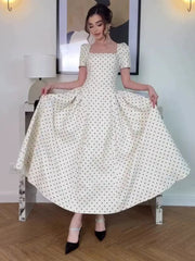 Autumn Retro Polka Dot Square Neck Short Sleeved Dresses