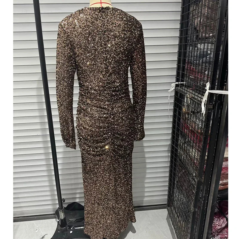 Side Draping V Neck Bodycon Long Sequin Dresses Party Sexy Maxi Vestidos