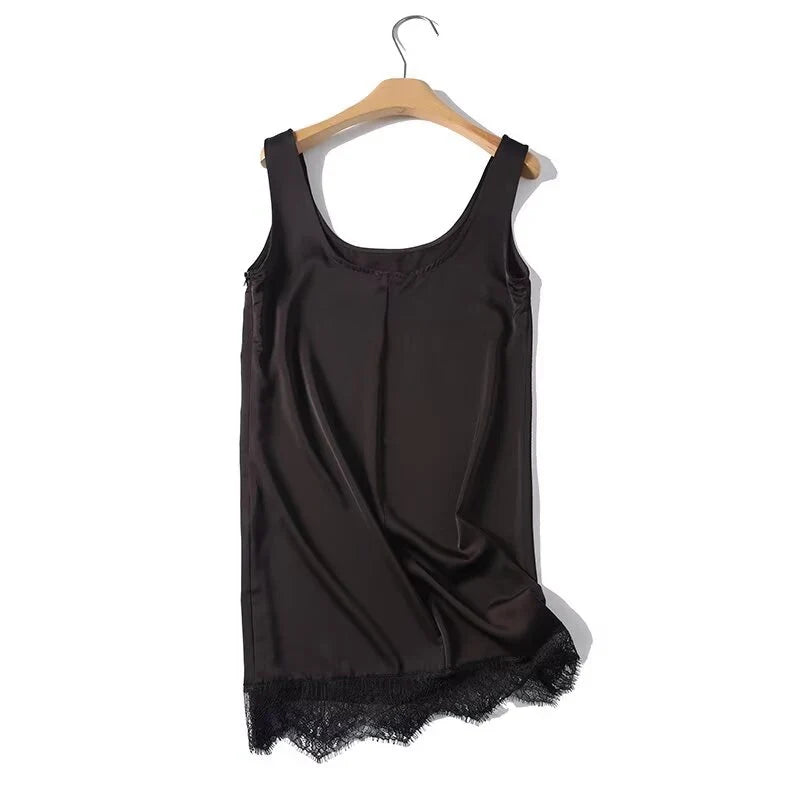Lace Trim Brown Short Tank Dresses