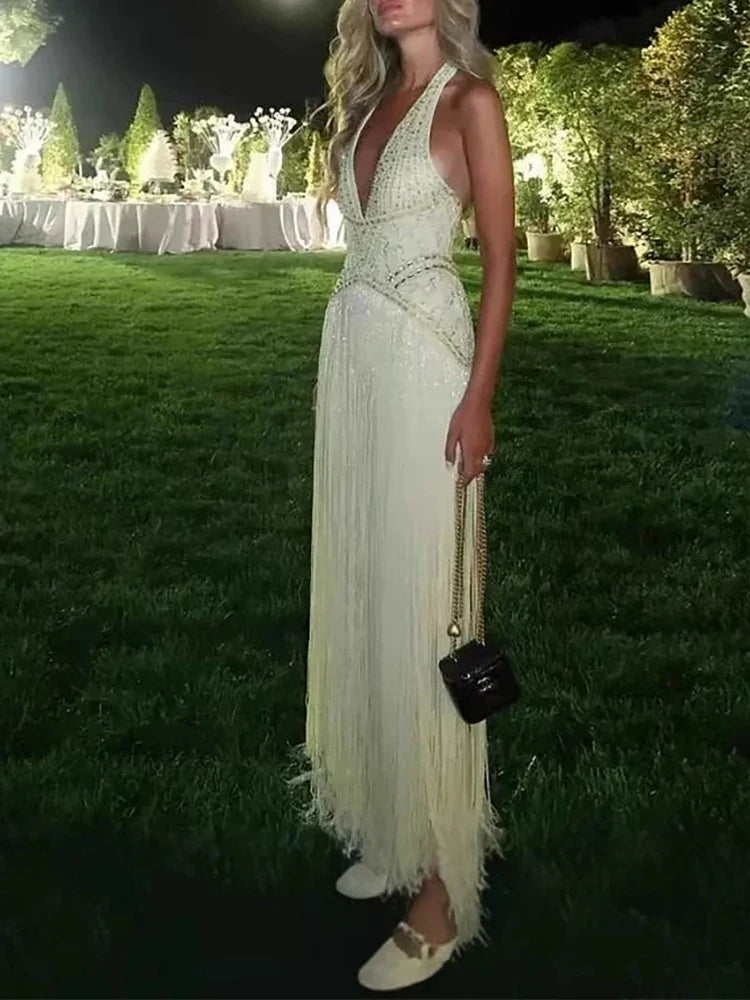 Sexy Backless Hollow Out Party Dresses Sexy Halter Deep V High Waisted Evening Dresses