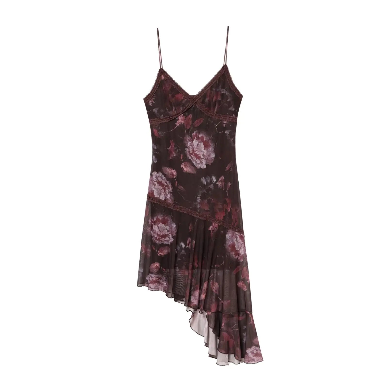 Sexy Floral Print Spaghetti Straps Mesh Asymmetric Dresses