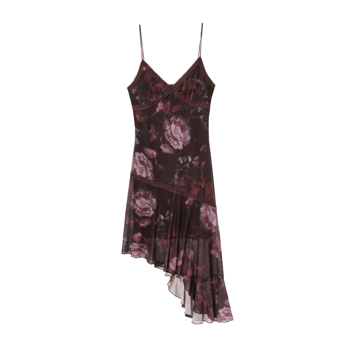 Sexy Floral Print Spaghetti Straps Mesh Asymmetric Dresses