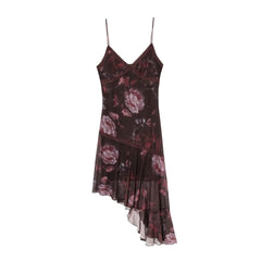 Sexy Floral Print Spaghetti Straps Mesh Asymmetric Dresses